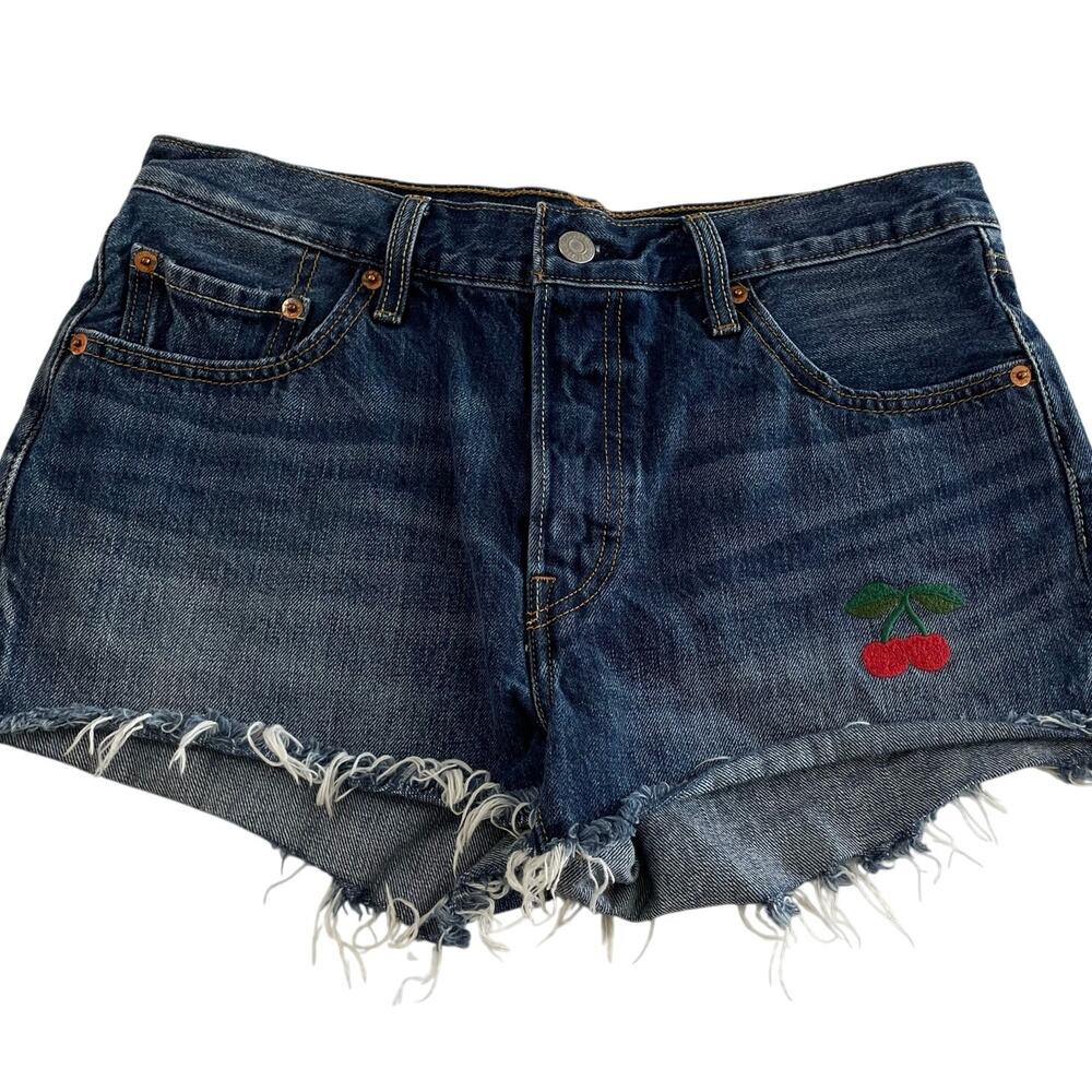 Levi's 501 Cut Off Shorts size 29 Cherry Embroidered Dark Wash Micro Mini